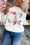 LEMAFER Women's 2024 Christmas Merry Bright Sweater Round Neck Sequin Tinsel Slogan Sweatshirts Long Sleeve Holiday Pullover Tops