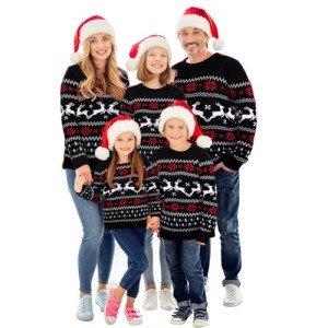 Xaatren Matching Family Christmas Sweaters Ugly Knit Pullover Cute Long Sleeve Crew Neck Xmas Holiday Jumper with Hat (Small,Black Elk,Women)