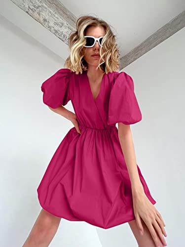PRETTYGARDEN Women's Short Summer Dresses Casual Puffy Sleeve Wrap V Neck Ruffle Solid Color Flare Dress (Rose Red,Small)