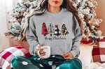 ASTANFY Merry Christmas Sweatshirt for Women Drop Shoulder Long Sleeve Christmas Tree Pullover Lightweight Shirt Grey