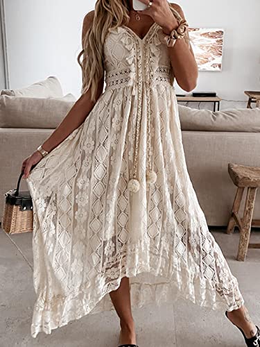 CUPSHE Women's Summer Slip Boho Maxi Dress Lace Up Tassel V-Neck Flare Ruffle Beach Dresses White S