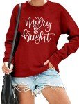 Christmas Sweatshirt Women Merry and Bright Christmas T-Shirt Funny Xmas Lights Blouse Tops Holiday Shirts(Red L)