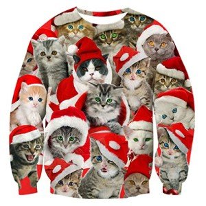 RAISEVERN Ugly Christmas Sweater for Men Women Funny Santa Kitten Sweatshirt Xmas Cats Hat Holiday Festive Long Sleeve Winter Top Pullover