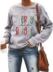 Christmas Sweatshirts for Women Merry Bright Graphic Print Long Sleeve Shirts Christmas Crewneck Pullover Casual Blouse Tops