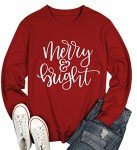 Christmas Sweatshirt Women Merry and Bright Christmas T-Shirt Funny Xmas Lights Blouse Tops Holiday Shirts(Red L)