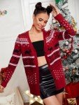 Ugly Christmas Sweater for Women Christmas Cardigans Funny Xmas Open Front Button Down Knit Coat Outwear Red