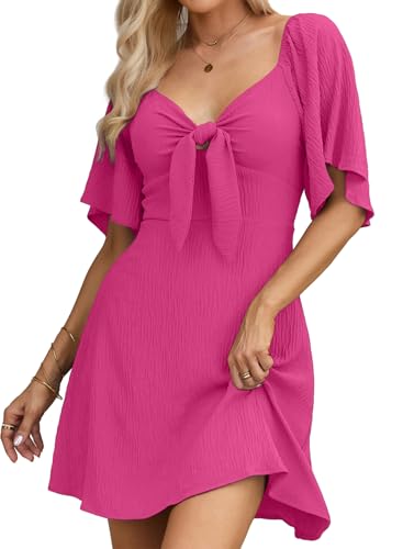 Dokotoo Cute Summer Dresses for Women 2024 Spring Wedding Guest Dresses for Women Sexy V-Neck Drawstring Cap Sleeve Elegant Solid Color Mini Dress Rose Red
