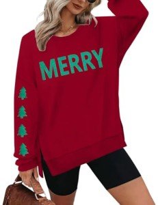 FRYAID Christmas Sweatshirts Women Funny Glitter Merry Xmas Tree Graphic Sweater Crewneck Side Slit Long Sleeve Pullover Top Red