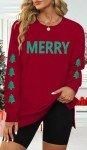 FRYAID Christmas Sweatshirts Women Funny Glitter Merry Xmas Tree Graphic Sweater Crewneck Side Slit Long Sleeve Pullover Top Red