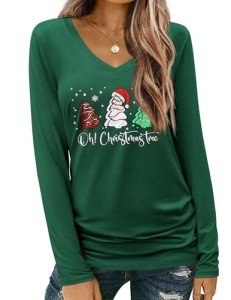 Zeagoo Merry Christmas Tshirt Women Xmas Tree Christmas Print Long Sleeve Top Shirts V Neck Holiday Tee Tops Green L