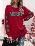 FRYAID Christmas Sweatshirts Women Funny Glitter Merry Xmas Tree Graphic Sweater Crewneck Side Slit Long Sleeve Pullover Top Red