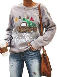 RETSUGO Womens Merry Christmas Sweatshirt Funny Christmas Tree Truck Pullover Fleece Sweaters Xmas Plaid Tops Shirts M