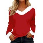 Merry Christmas Sweatshirts Women Christmas Faux Fur Trim V Neck Sweaters Casual Loose Xmas Long Sleeve Pullover #09-Red X-Large