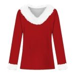 Merry Christmas Sweatshirts Women Christmas Faux Fur Trim V Neck Sweaters Casual Loose Xmas Long Sleeve Pullover #09-Red X-Large