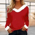 Merry Christmas Sweatshirts Women Christmas Faux Fur Trim V Neck Sweaters Casual Loose Xmas Long Sleeve Pullover #09-Red X-Large