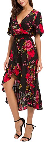 Kormei Womens Short Sleeve Floral High Low V-Neck Flowy Party Long Maxi Dress L Black&Red