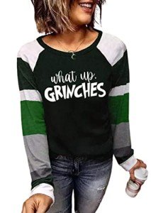 What Up Color Block Baseball T-Shirt for Women Christmas Casual Splicing Long Sleeve Shirt Tops Blouse(X-Large,Green)