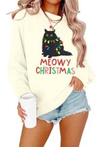 FLOYU Meowy Christmas Sweatshirt for Women Christmas Cat Pullover Cat Lover Christmas Tops Merry Christmas Lights Sweater Beige