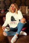 FLOYU Meowy Christmas Sweatshirt for Women Christmas Cat Pullover Cat Lover Christmas Tops Merry Christmas Lights Sweater Beige
