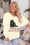 FLOYU Meowy Christmas Sweatshirt for Women Christmas Cat Pullover Cat Lover Christmas Tops Merry Christmas Lights Sweater Beige