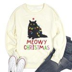 FLOYU Meowy Christmas Sweatshirt for Women Christmas Cat Pullover Cat Lover Christmas Tops Merry Christmas Lights Sweater Beige
