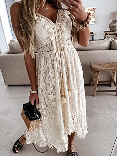 CUPSHE Women's Summer Slip Boho Maxi Dress Lace Up Tassel V-Neck Flare Ruffle Beach Dresses White S