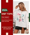 MARZXIN Women 2024 Casual Holiday Sweaters Long Sleeve Round Neck Cable Knit Pullover Top Snow White Merry Bright M