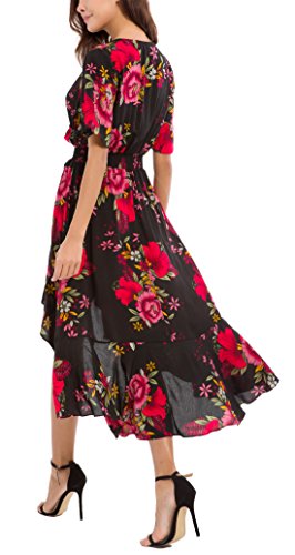 Kormei Womens Short Sleeve Floral High Low V-Neck Flowy Party Long Maxi Dress L Black&Red