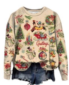 AIMITAG Merry Christmas Sweatshirt Womens Vintage Christmas Santa Claus Graphic Print Pullover Winter Xmas Holiday Tops(XX-Large,Apricot1)