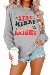 Merry and Bright Sweatshirt Women Merry Christmas Letter Print Long Sleeve Sweater Xmas Crewneck Pullover Casual Blouse Tops Light Gray