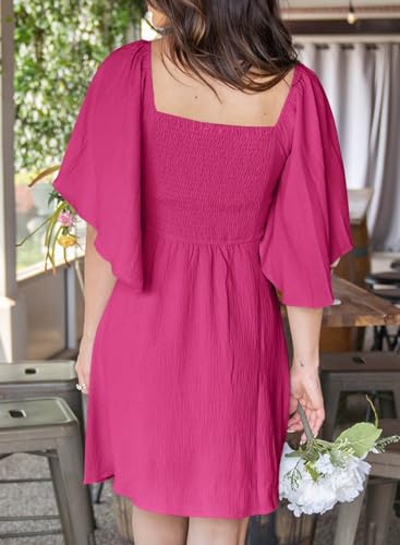 Dokotoo Cute Summer Dresses for Women 2024 Spring Wedding Guest Dresses for Women Sexy V-Neck Drawstring Cap Sleeve Elegant Solid Color Mini Dress Rose Red