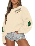 UNIQUEONE Christmas Sweatshirt Embroider Merry Sweater: Christmas Tree Graphic Pullover Holiday Vacation Tee Casual Xmas Tops Apricot