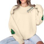 UNIQUEONE Christmas Sweatshirt Embroider Merry Sweater: Christmas Tree Graphic Pullover Holiday Vacation Tee Casual Xmas Tops Apricot