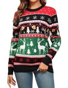GRECERELLE Women's Ugly Sweater Funny Christmas Tree Merry Sweater Women Reindeer Snowflake Long Sleeve Knitted Office Christmas Sweater to Wear with Leggings Black-Green Reindeer & Xmas Tree-M