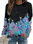 UNIQUEONE Ugly Christmas Sweatshirts Women Christmas Sweater Xmas Tree Sequin Top Winter Crewneck Family Holiday Outfits Black