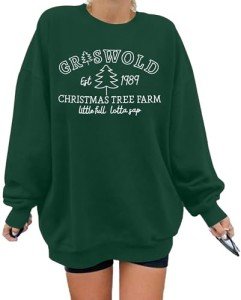 FASHGL Christmas Sweatshirt Xmas Embroidered Sweatshirts Womens Christmas Tree Farm Vacation Pullover Oversized Fall Top Green