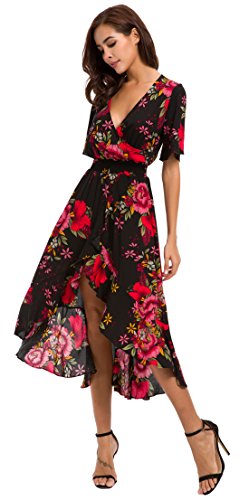 Kormei Womens Short Sleeve Floral High Low V-Neck Flowy Party Long Maxi Dress L Black&Red