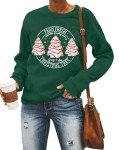 MOUSYA Farm Fresh Christmas Tree Cakes Sweatshirt Woman Christmas Crewneck Sweater Xmas Gifts Top Casual Long Sleeve Tops Green