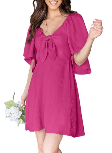 Dokotoo Cute Summer Dresses for Women 2024 Spring Wedding Guest Dresses for Women Sexy V-Neck Drawstring Cap Sleeve Elegant Solid Color Mini Dress Rose Red