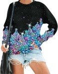 UNIQUEONE Ugly Christmas Sweatshirts Women Christmas Sweater Xmas Tree Sequin Top Winter Crewneck Family Holiday Outfits Black