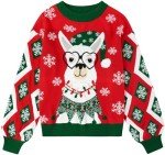 RAISEVERN Christmas Sweater for Women Llama Long Lantern Sleeve Chunky Knitted Pullover Cute Funny Ugly Glass Alpaca Holiday Sweaters Xmas Snowflakes Party Festive Winter Jumper Top L