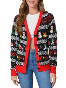 RAISEVERN Ugly Christmas Cardigan Sweater for Women Snowman Reindeer Oversized Knit Sweatshirt V Neck Tops Open Front Button Xmas Outerwear Black Red