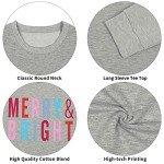 MOUSYA Christmas T-Shirt Women Merry Bright Colorful Letter Printed Sweatshirt Casual Long Sleeve Round Neck Pullover Tops Grey