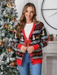 RAISEVERN Ugly Christmas Cardigan Sweater for Women Snowman Reindeer Oversized Knit Sweatshirt V Neck Tops Open Front Button Xmas Outerwear Black Red