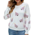 LUBOT Ugly Christmas Sweaters for Women Cute Fuzzy Funny Wintertime and Holiday Parties Knitted Pullover Sweater White Pink Tree M