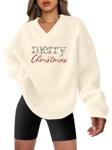 JINTING Chiristmas Sweatshirt Merry Christmas Shirts for Women V Neck Long Sleeve Oversized Pullover Tops Apricot