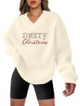 JINTING Chiristmas Sweatshirt Merry Christmas Shirts for Women V Neck Long Sleeve Oversized Pullover Tops Apricot