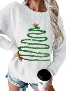 MARZXIN Women 2024 Holiday Graphic Sweater Casual Pullover Tops Merry Christmas Santa Tree Sweaters White Tree M