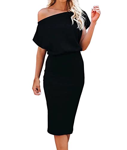 Ezbelle Women's Off The Shoulder Short Sleeve Ribbed Bodycon Casual Summer Party Pencil Dress Black 8-10