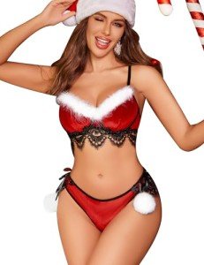 Avidlove Christmas Lingerie Set Contrast Lace Velvet Underwire Santa Outfits for Women Red XX-Large